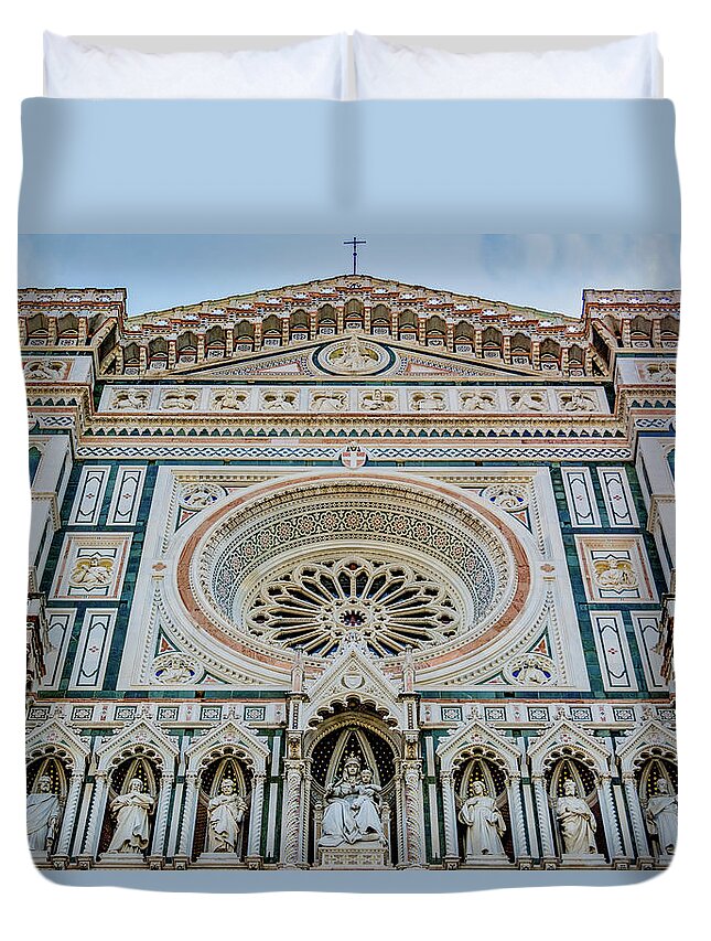 Duomo Duvet Cover featuring the photograph Duomo Facade, Florence by Marcy Wielfaert