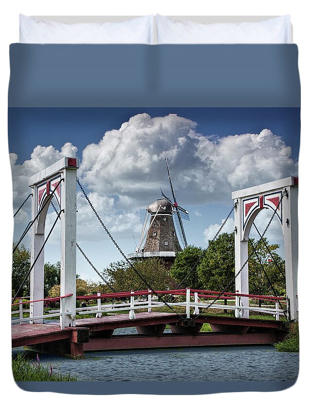 Windmill Duvet Cover featuring the photograph Dutch Bridge and the deZwaan Windmill at Windmill Island in Holl by Randall Nyhof