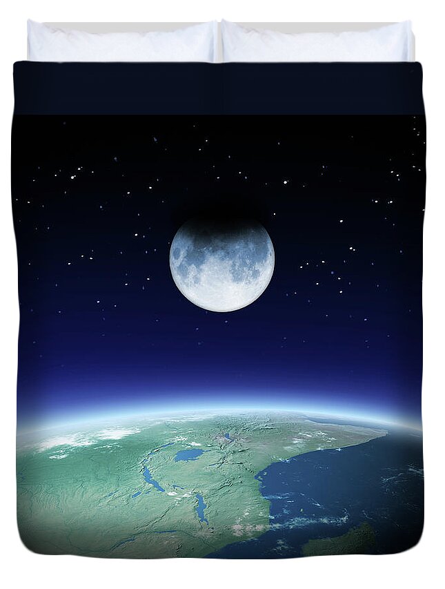 Dawn Duvet Cover featuring the photograph Earth And Moon by Loops7