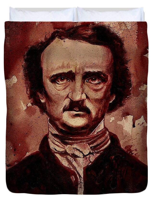 Ryanalmighty Duvet Cover featuring the painting EDGAR ALLAN POE dry blood by Ryan Almighty