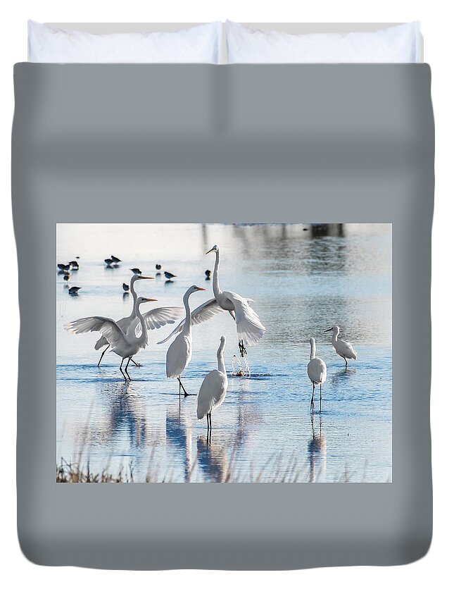 Birds Duvet Cover featuring the photograph Egret Ballet 1400 by Donald Brown