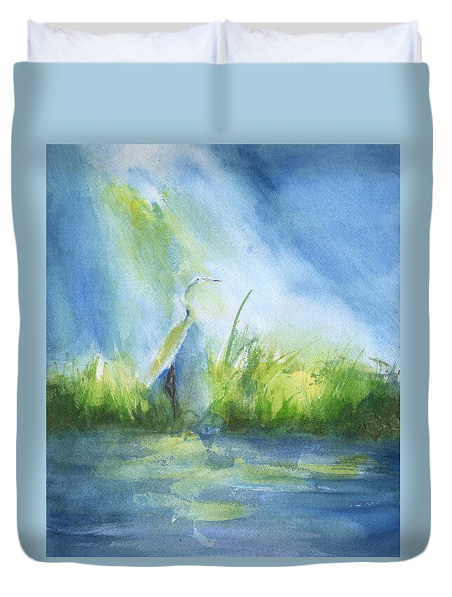 Egret In Sunlight Duvet Cover featuring the painting Egret In Sunlight by Frank Bright