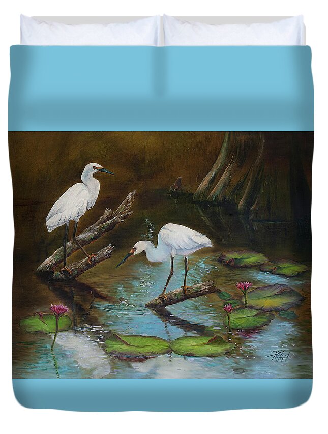 Egrets Duvet Cover featuring the painting Two Egrets--Missed Again by Lynne Pittard