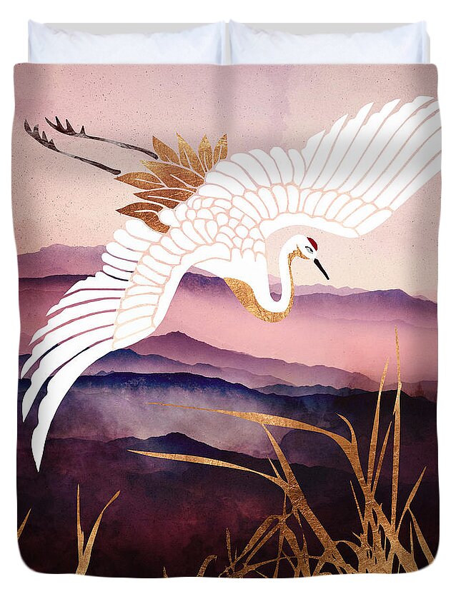 Abstract Depiction Of A Crane Flying With Copper Duvet Cover featuring the digital art Elegant Flight III by Spacefrog Designs