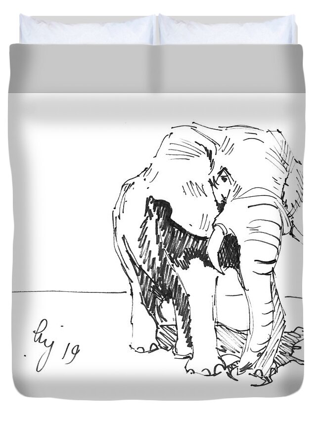 Elephant Duvet Cover featuring the drawing Elephant in bright sunlight drawing by Mike Jory