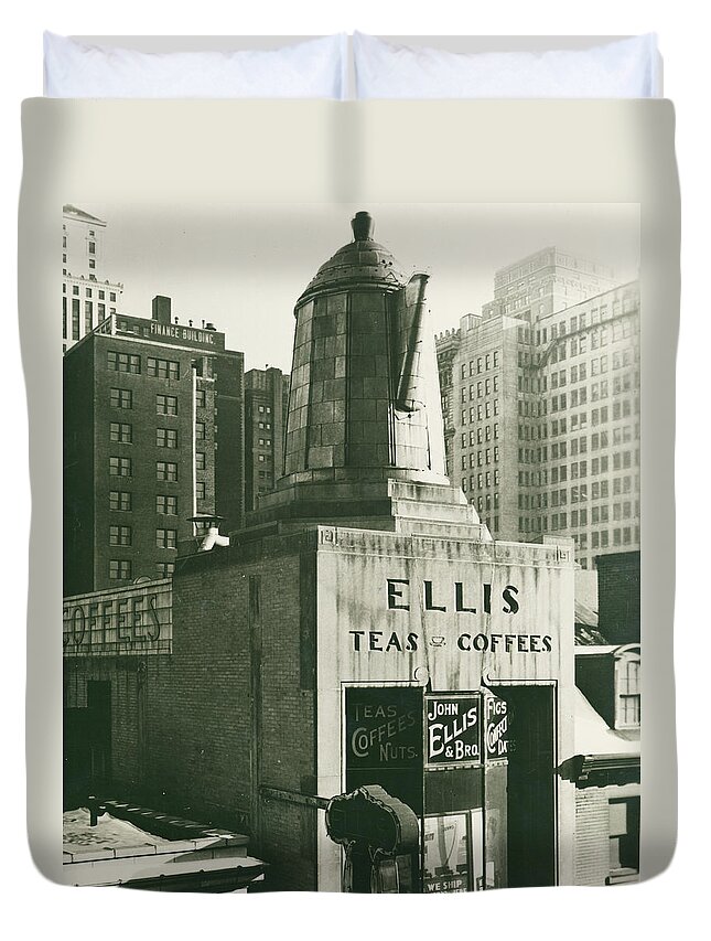 Ellis Teas;and Coffees Duvet Cover featuring the mixed media Ellis Tea and Coffee Store, 1945 by Jacob Stelman