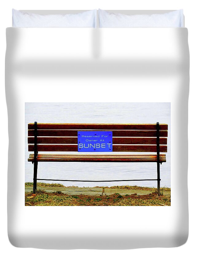 Bench Duvet Cover featuring the photograph Empty Bench Waiting for Sunset by Linda Stern
