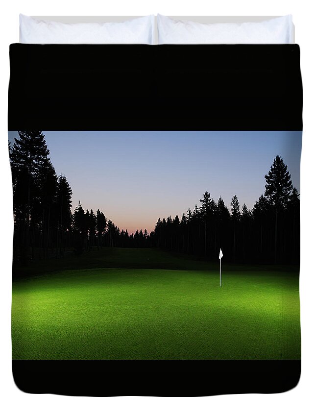 Putting Green Duvet Cover featuring the photograph Empty Golf Course With Flag And by Thomas Barwick