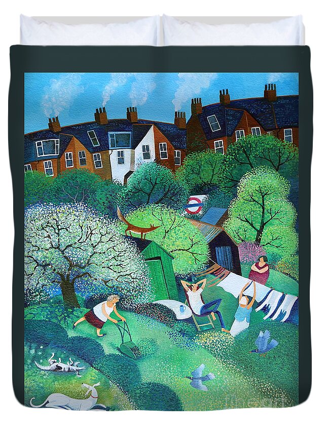 Green Duvet Cover featuring the painting End of the Line by Lisa Graa Jensen