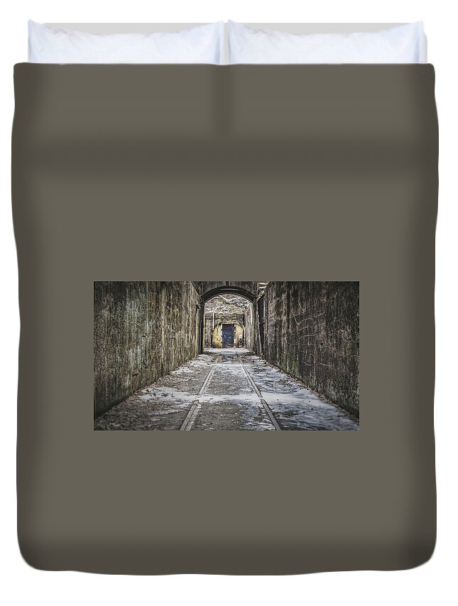 Sandy Hook Duvet Cover featuring the photograph End Of The Tracks by Steve Stanger