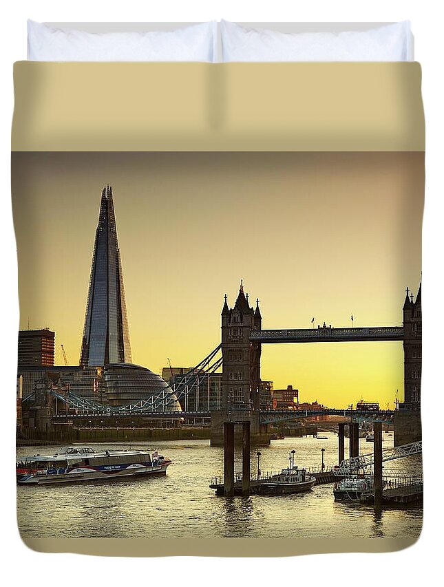 Estock Duvet Cover featuring the digital art England, Great Britain, British Isles, London, Southwark, The Shard, City Hall, Tower Bridge And River Thames At Sunset by Richard Taylor