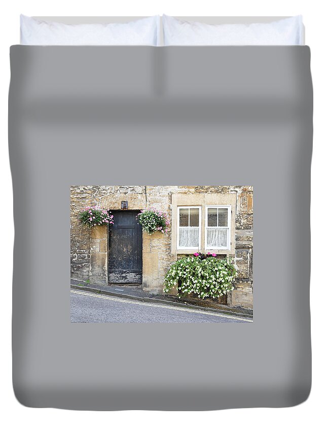 Apartment Duvet Cover featuring the photograph English Stone Cottage by Akabei