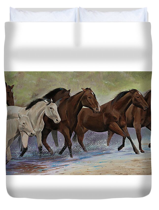 Horse Painting Duvet Cover featuring the painting Enjoy the Splash by Bill Dunkley