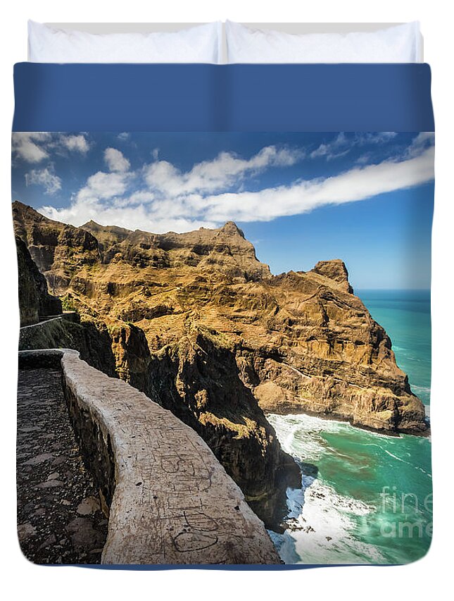 Cliff Duvet Cover featuring the photograph Scenic route to Fontainhas, Santo Antao, Cape Verde by Lyl Dil Creations