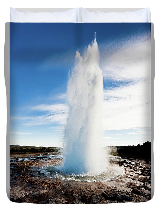 Scenics Duvet Cover featuring the photograph Erupting Strokkur Geyser Iceland by Mlenny