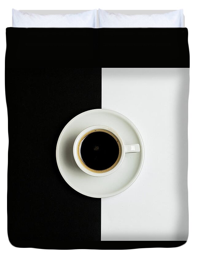 Coffee Duvet Cover featuring the photograph Espresso coffee on a white pot by Michalakis Ppalis