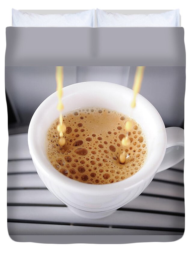 Coffee Maker Duvet Cover featuring the photograph Espresso Pouring Into Cup by Gm Stock Films