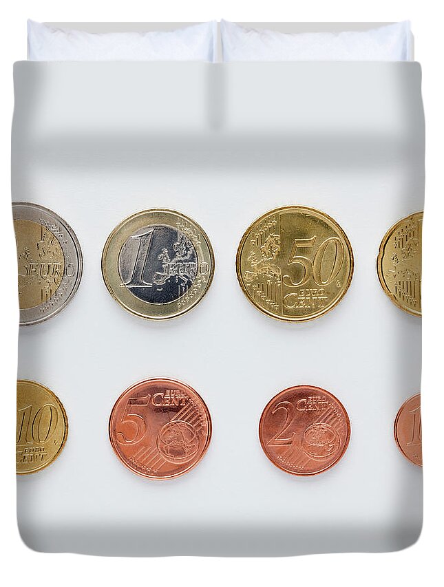 Coin Duvet Cover featuring the photograph Euro Coins Arranged In Numerical Order by Caspar Benson