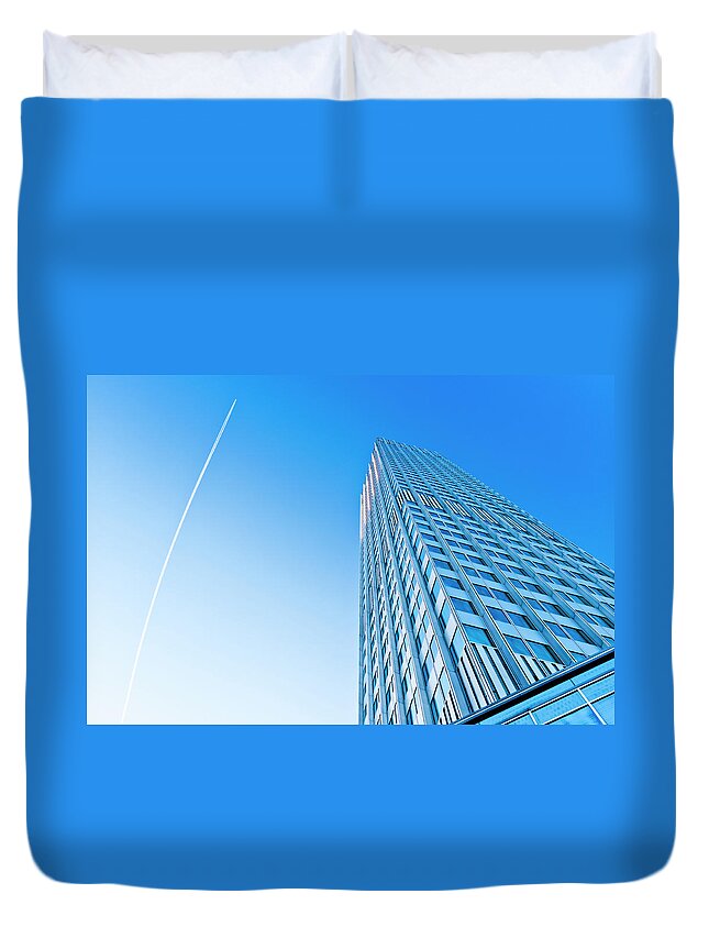 Central Bank Duvet Cover featuring the photograph Eurotower With Blue Sky And Jet Trail by Instamatics