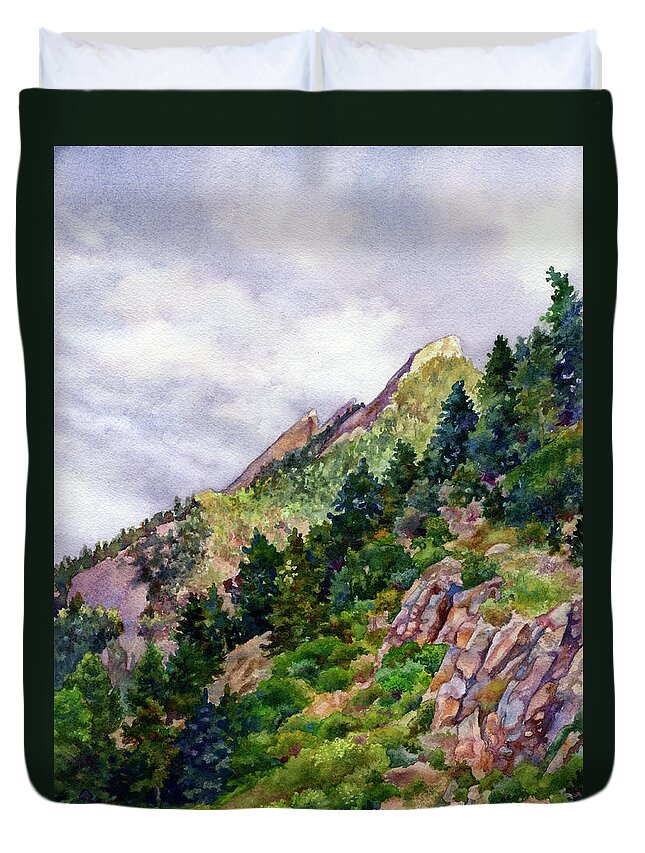 Flagstaff Mountain Duvet Cover featuring the painting Evening on Flagstaff by Anne Gifford