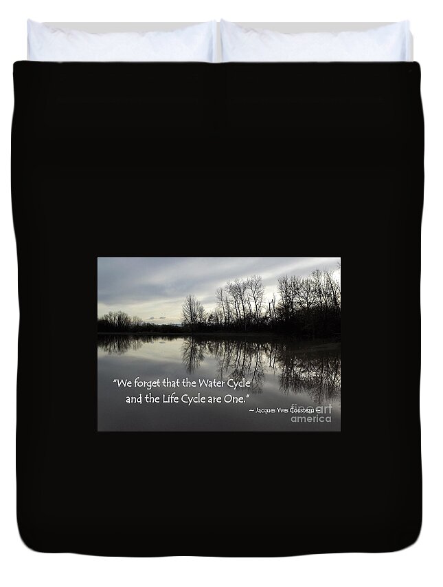 Reflection Duvet Cover featuring the photograph Evening Reflection With Quote by Linda Vanoudenhaegen