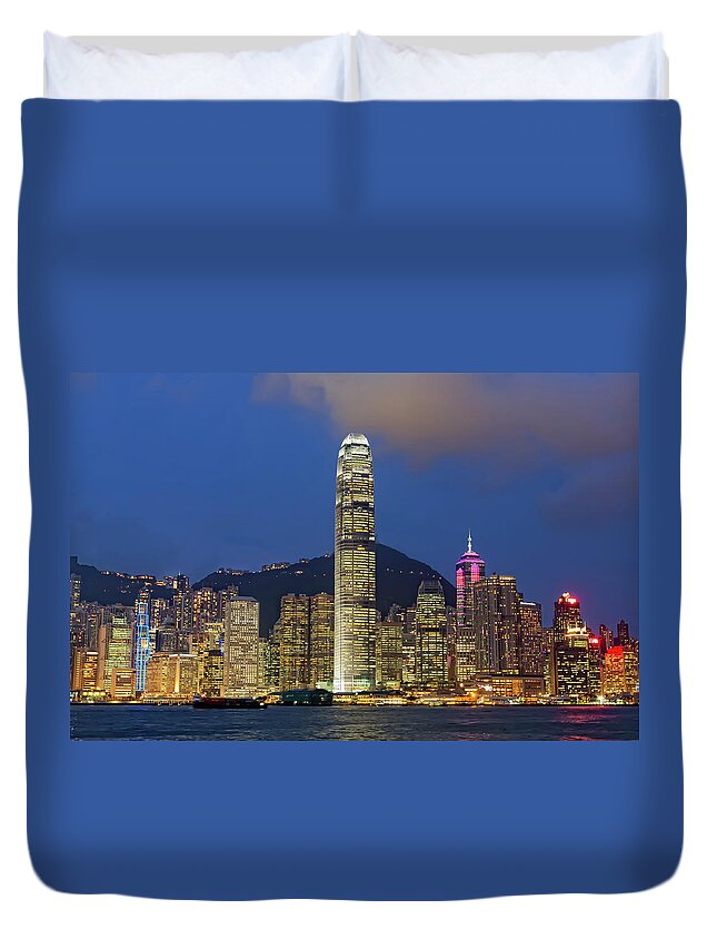 Outdoors Duvet Cover featuring the photograph Evening Skyline Of Hong Kong At by Andre Vogelaere