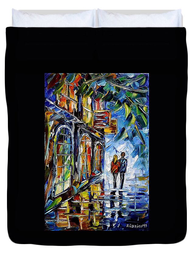 Love Couple In The Evening Duvet Cover featuring the painting Evening Walk by Mirek Kuzniar