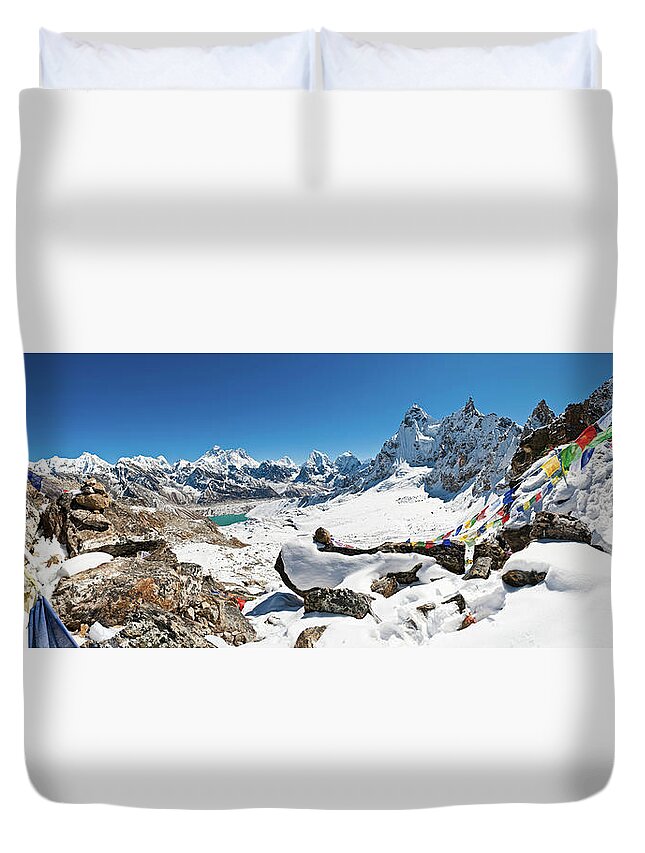 Scenics Duvet Cover featuring the photograph Everest Prayer Flags Mountain Pass by Fotovoyager