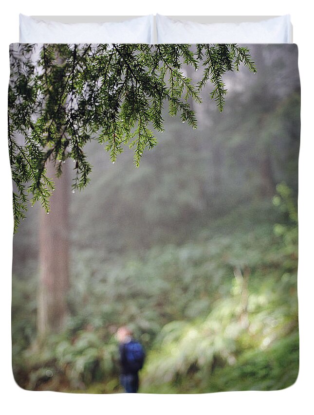 People Duvet Cover featuring the photograph Evergreens And Trail In Lush Forest by Danielle D. Hughson