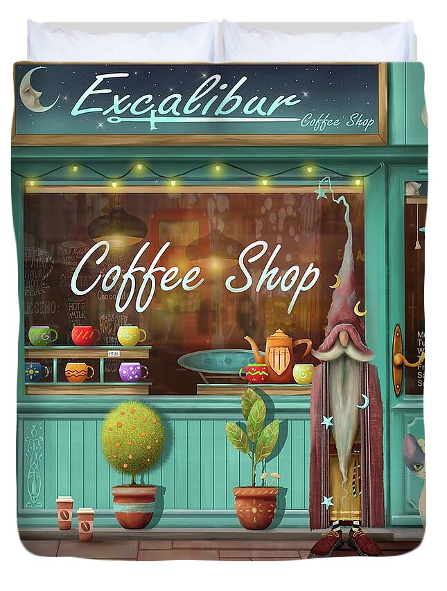 Coffee Shop Duvet Cover featuring the painting Excalibur Coffee Shop by Joe Gilronan