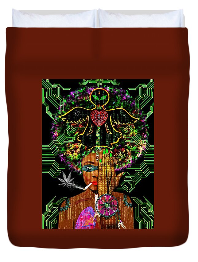 Cannabis Duvet Cover featuring the mixed media Eye Canna by Myztico Campo