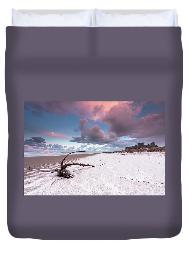 Landscape Duvet Cover featuring the photograph Fairy Tale Castle with snow on the beach by Anita Nicholson