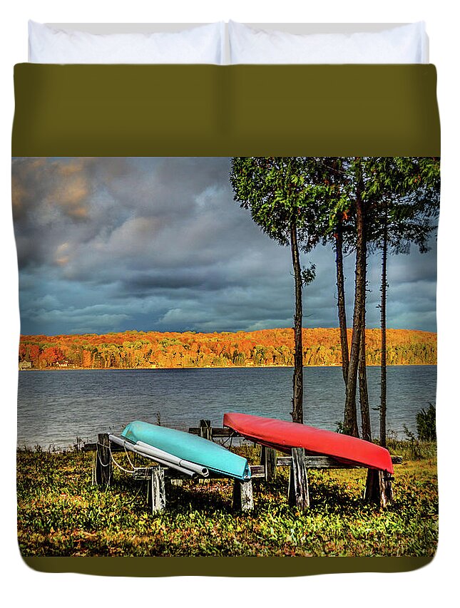 Fall Duvet Cover featuring the digital art Fall Color and Kayaks DSC_0626 by Michael Thomas