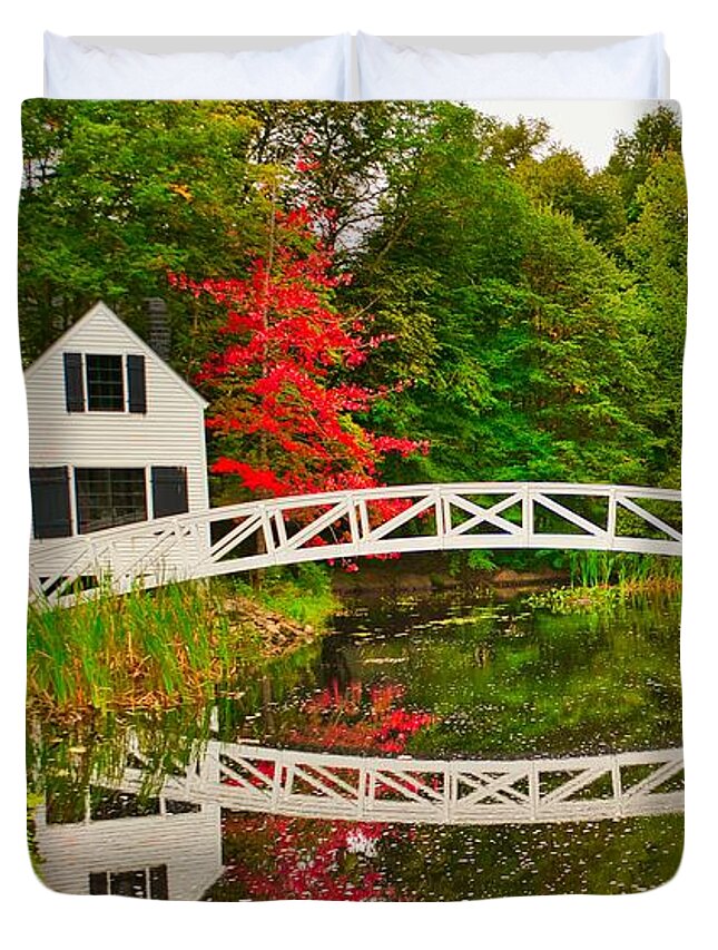 Fall Duvet Cover featuring the photograph Fall Footbridge Reflection by Tom Gresham