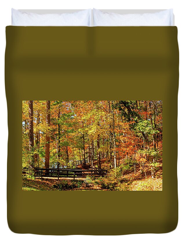 Autumn Colors Duvet Cover featuring the photograph Fall Hike at Mirror Lake by Dawn Richards