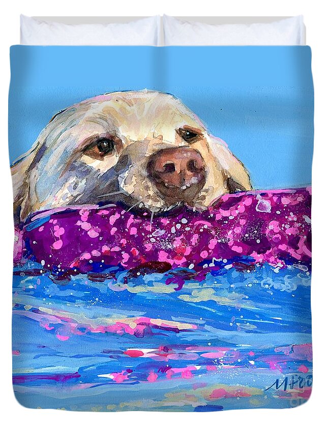 Yellow Lab Duvet Cover featuring the painting Fancy Fetching by Molly Poole