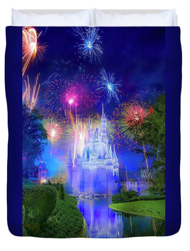 Magic Kingdom Duvet Cover featuring the photograph Fantasy in the Sky Fireworks at Walt Disney World by Mark Andrew Thomas