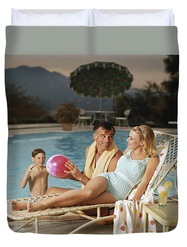 Mid Adult Women Duvet Cover featuring the photograph Father And Son Playing With Beach Ball by Tom Kelley Archive