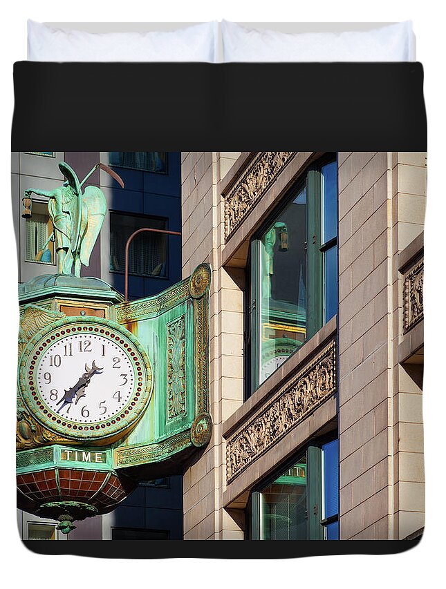 Downtown District Duvet Cover featuring the photograph Father Time Clock In Chicago Illinois by Benedek