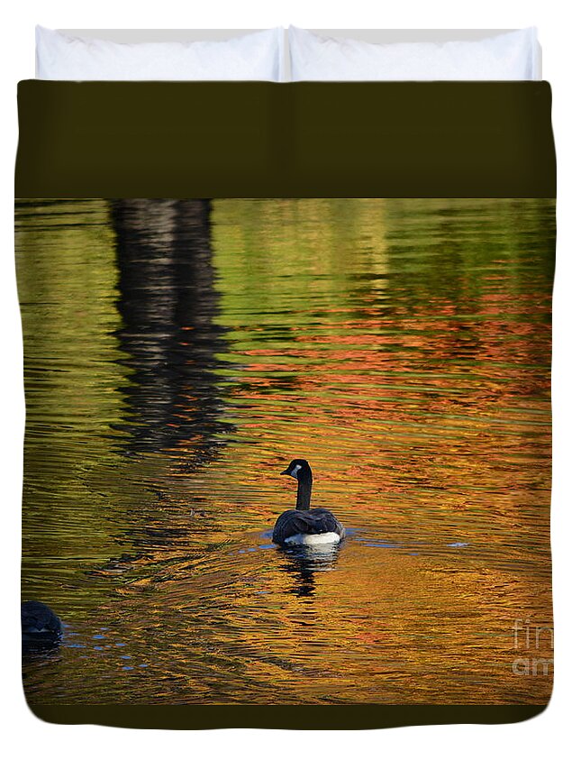 Geese Duvet Cover featuring the photograph Feathers and Foliage by Dani McEvoy