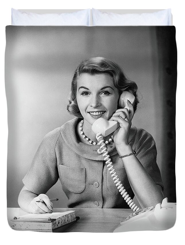 Mature Adult Duvet Cover featuring the photograph Female Telephone Receptionist At by H. Armstrong Roberts