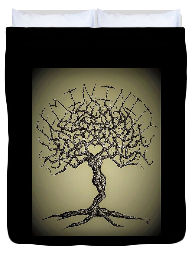 Women Duvet Cover featuring the drawing Femininity Love Tree b/w by Aaron Bombalicki