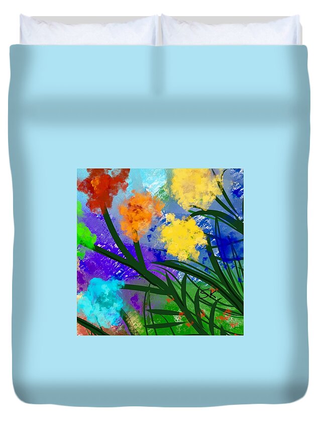 Flowers Duvet Cover featuring the digital art Fence Flowers Square by Sherry Killam