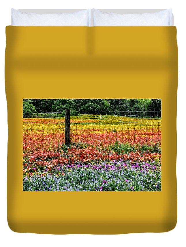 Texas Bluebonnets Duvet Cover featuring the photograph Fence Post of Color by Johnny Boyd
