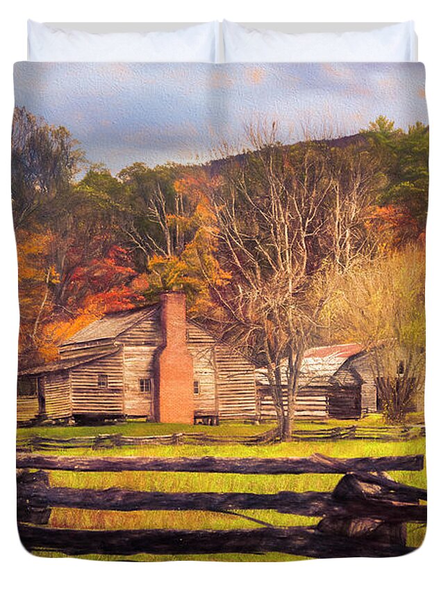 Barn Duvet Cover featuring the photograph Fences and Cabins Cades Cove Oil Painting by Debra and Dave Vanderlaan