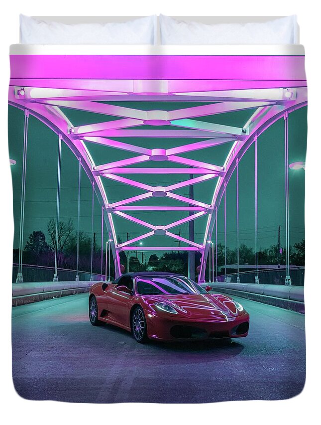 Ferrari 430 Bridge Duvet Cover featuring the photograph Ferrari F430 Hazard Bridge by Rocco Silvestri