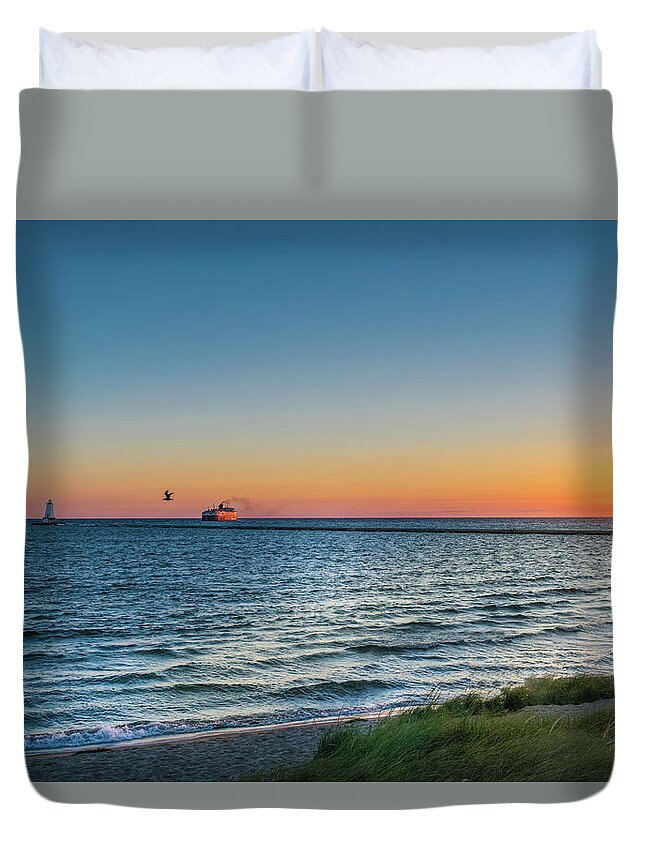 Badger Car Ferry Duvet Cover featuring the photograph Ferry Going Into Sunset by Lester Plank