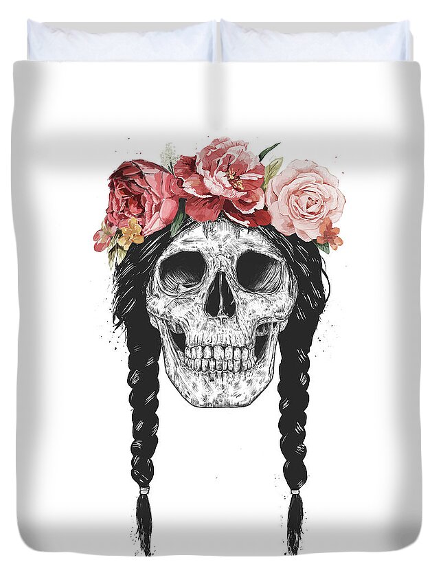 Skull Duvet Cover featuring the drawing Festival skull by Balazs Solti