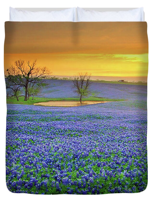 Texas Bluebonnets Duvet Cover featuring the photograph Field of Dreams Texas Sunset - Texas Bluebonnet wildflowers landscape flowers by Jon Holiday