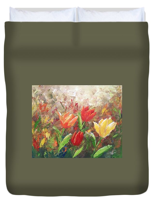 Tulips Duvet Cover featuring the painting Field of Tulips by Helian Cornwell